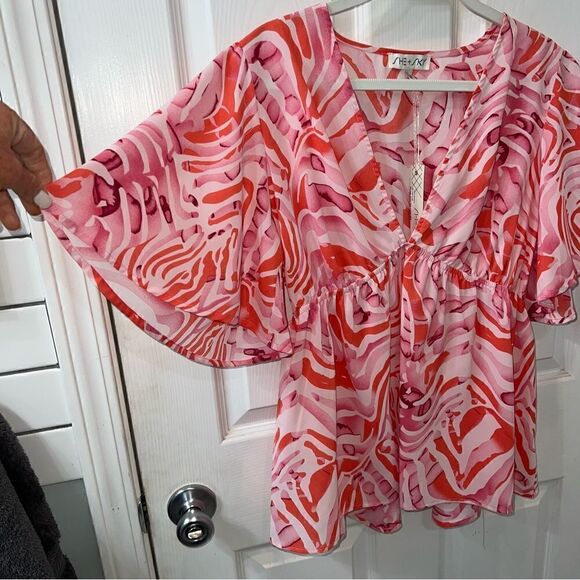 SHE+SKY Pink, Mauve and coral Empire waist Plunge Print Top w flutter sleeves Lg - Picture 8 of 13